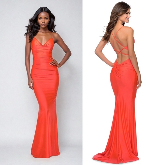 La Femme Dresses & Skirts - La Femme 29020 Plunging V-neck Ruched Prom Sheath Dress Neon Coral 0
